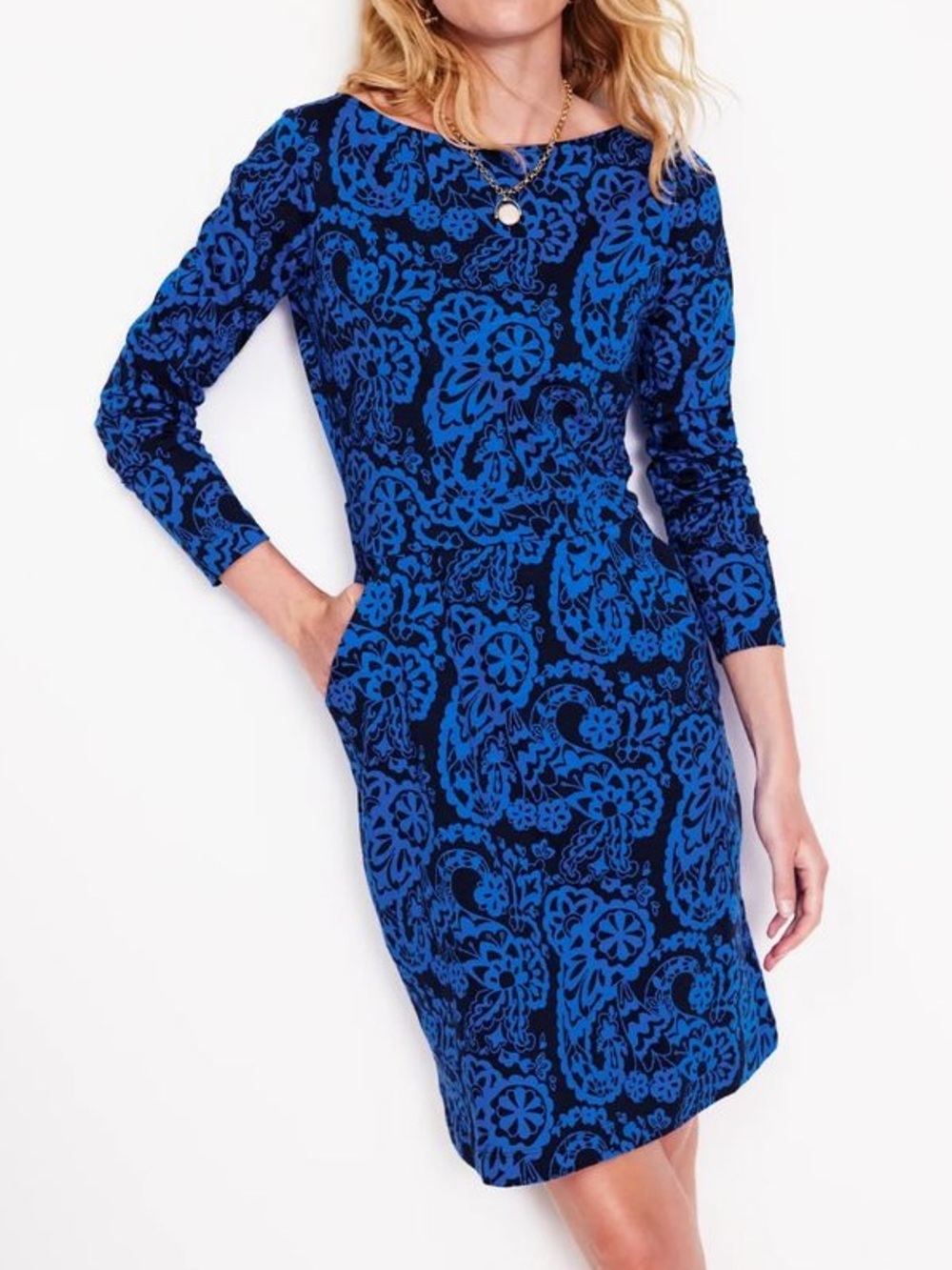NWOT Boden Florrie Long Sleeve Dress Blue Paisley Cascade Size 14L Modest Mature